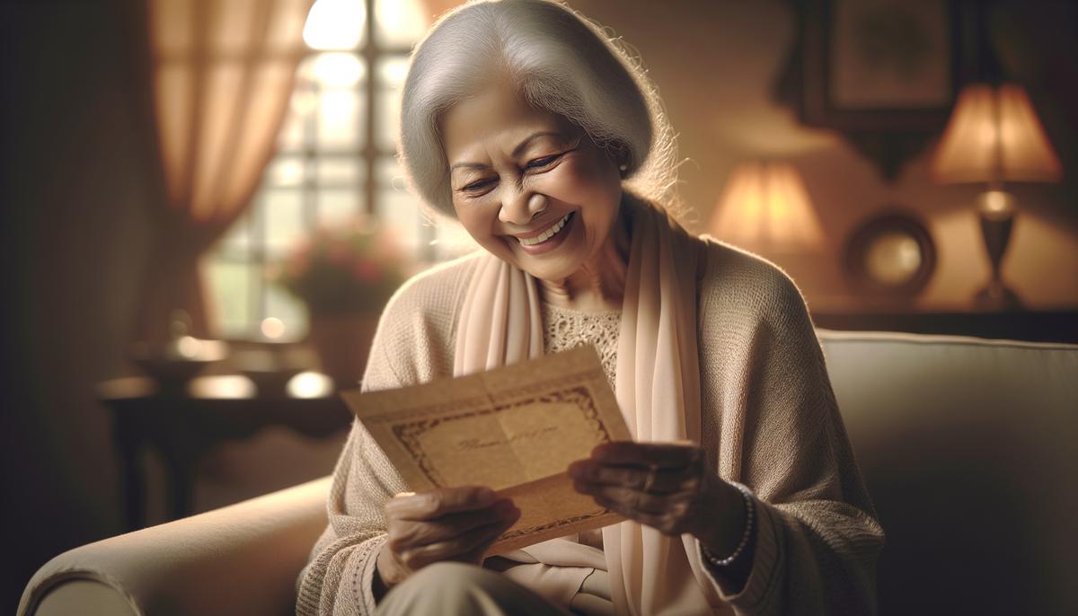 An image of an elderly person smiling while reading a thank you letter