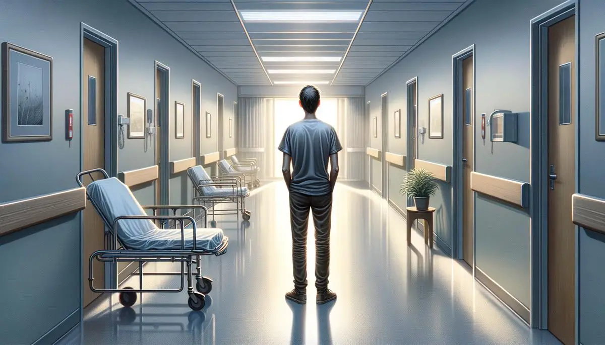 A person standing in a hospital corridor, looking contemplative and hopeful
