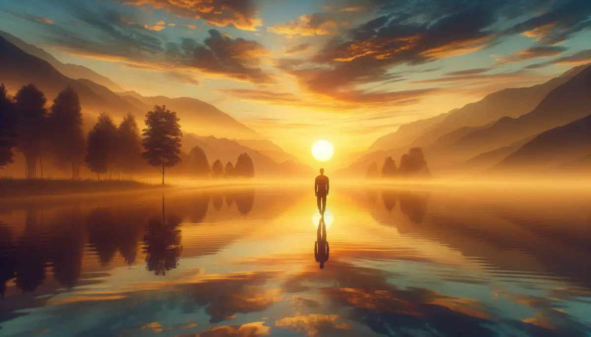 A serene sunrise over a tranquil landscape with a person standing in contemplation