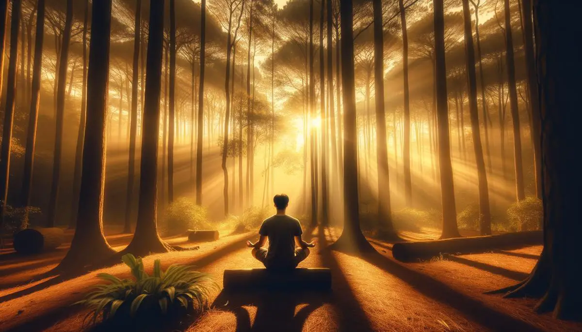 A person sitting in a peaceful morning setting, surrounded by nature and sunlight, reflecting on gratitude