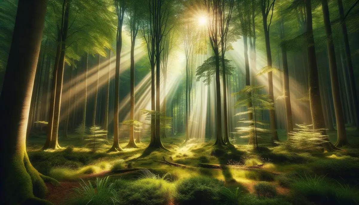 A serene forest clearing with sunlight filtering through the trees, symbolizing gratitude and connection with nature