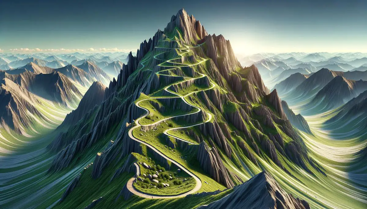 Image of a mountain with a winding path symbolizing overcoming obstacles to gratitude. Avoid using words, letters or labels in the image when possible.