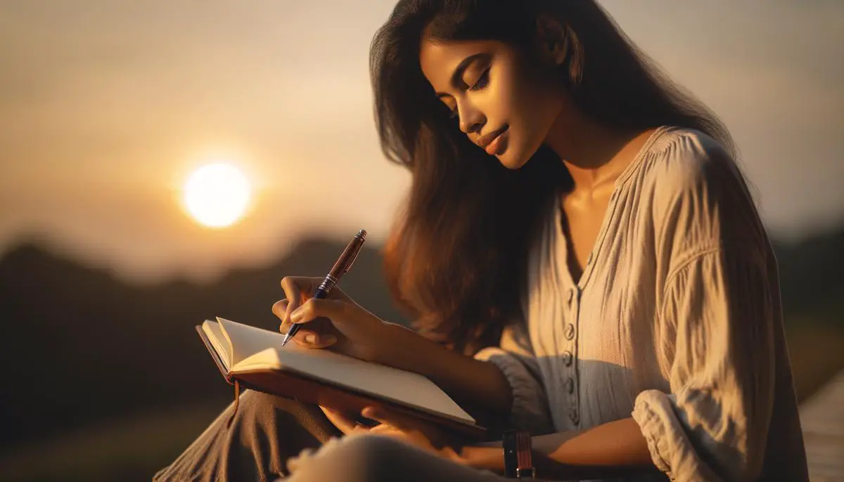 Image of a person writing in a journal with a pen, symbolizing the practice of gratitude journaling. Avoid using words, letters or labels in the image when possible.