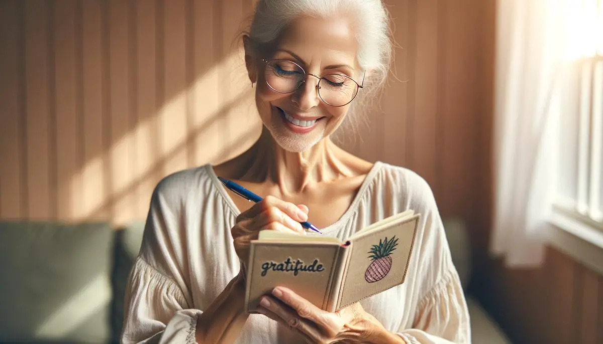 Elderly person smiling and practicing gratitude, leading to a healthier lifestyle