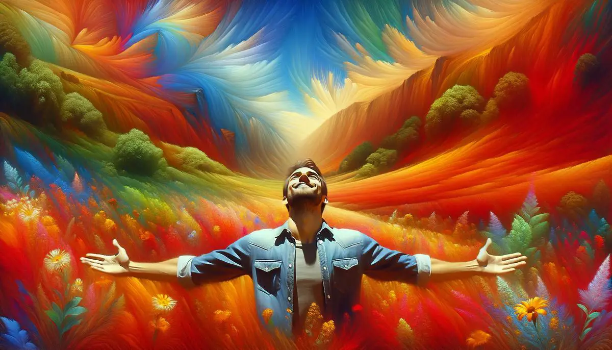 A person standing in a vibrant, colorful landscape, arms outstretched, face tilted towards the sky with a peaceful smile