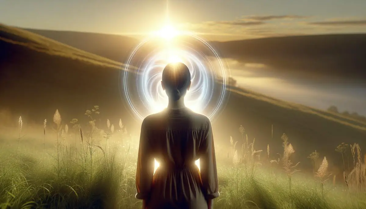 A person standing at the edge of a hill, facing the rising sun with a look of determination and gratitude on their face, symbolizing a transformative moment in life