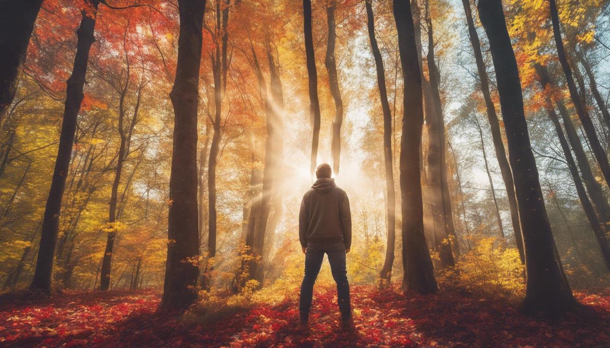 A man standing in an autumn forest with colorful leaves, looking up at the sunlight breaking through the trees, representing a moment of realization