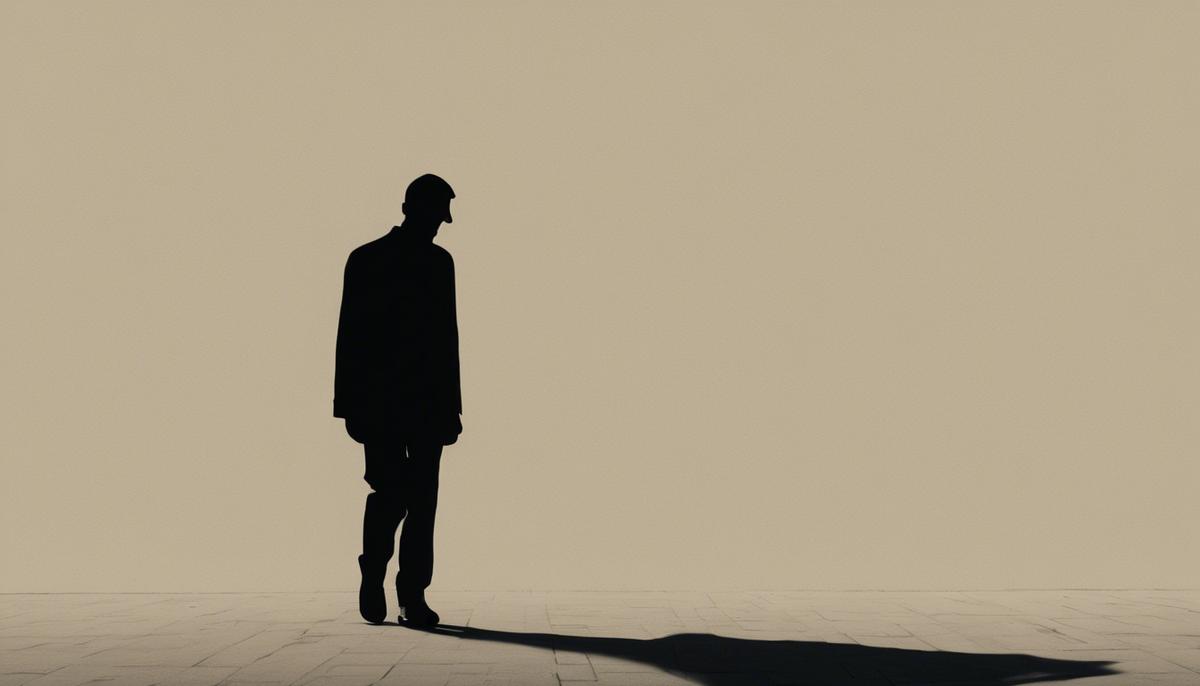 A silhouette of a man walking with his head down, surrounded by shadows, representing doubt and heaviness